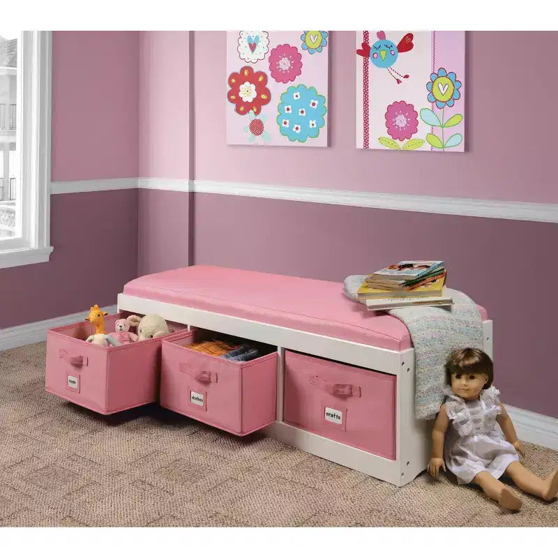 Banc de rangement pour enfants avec coussin et trois bacs Blanc et rose