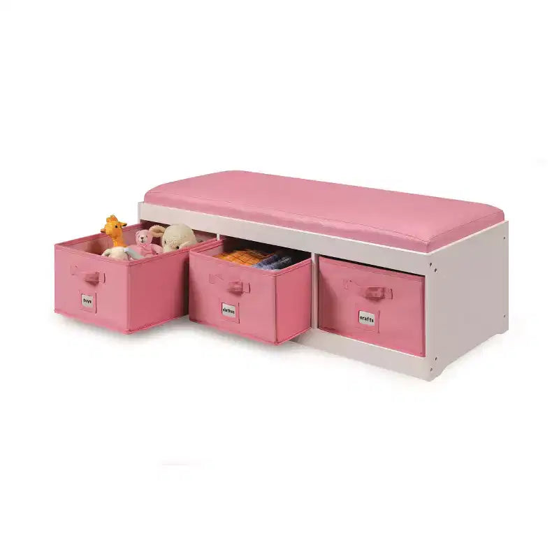Banc de rangement pour enfants avec coussin et trois bacs Blanc et rose
