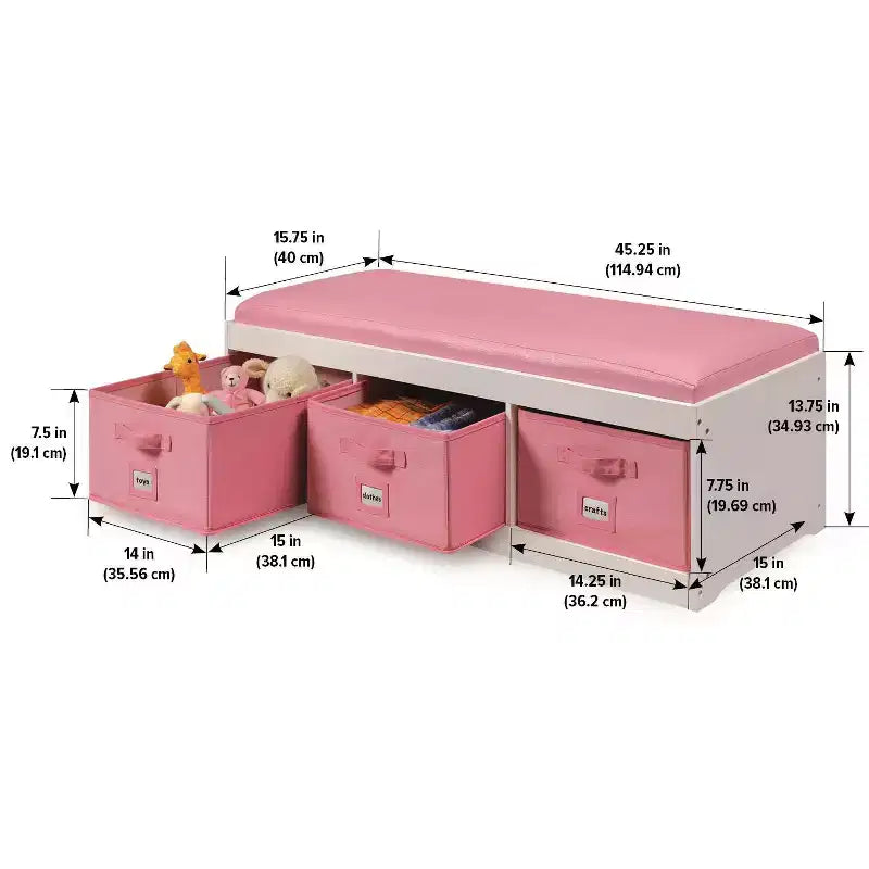 Banc de rangement pour enfants avec coussin et trois bacs Blanc et rose