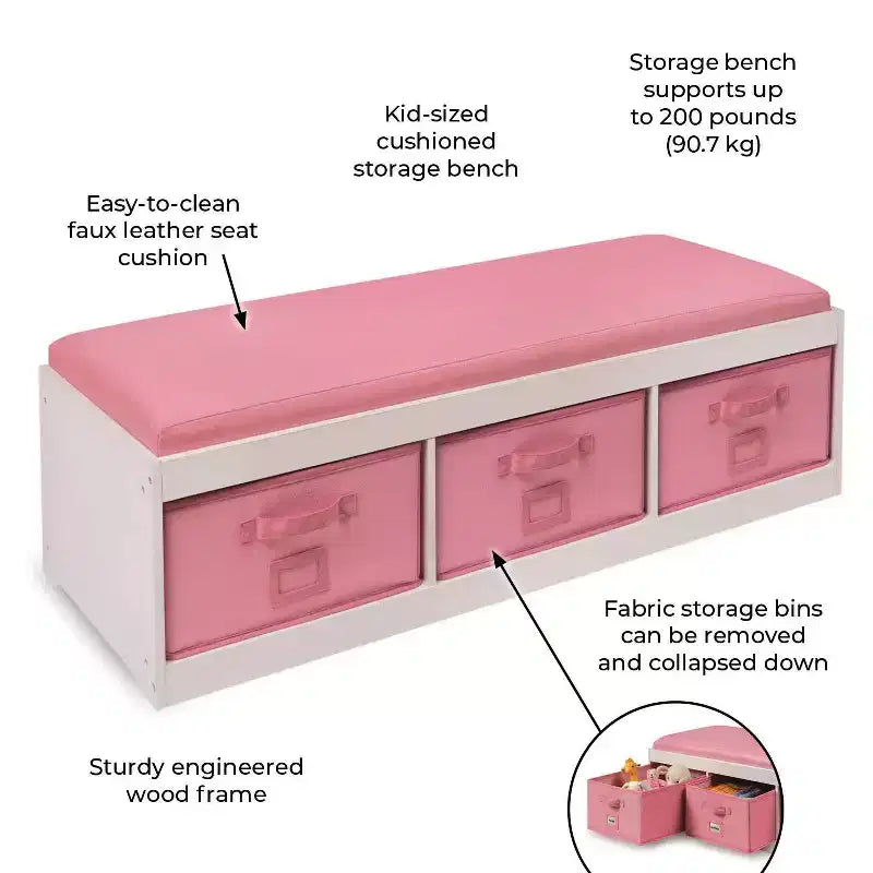 Banc de rangement pour enfants avec coussin et trois bacs Blanc et rose
