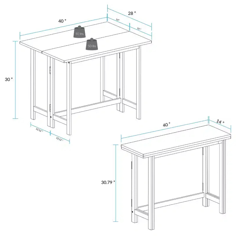 Table console et de salle à manger convertible pliante en bois massif brun chaud