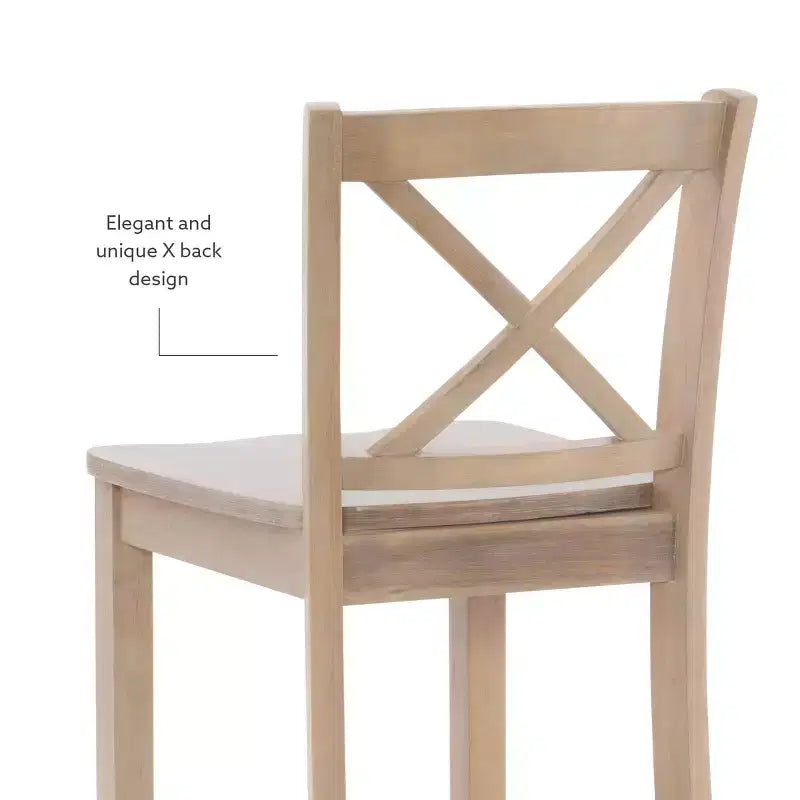 Tabouret de bar à hauteur de comptoir 24 po en bois massif traditionnel à dossier en X, finition délavée grise
