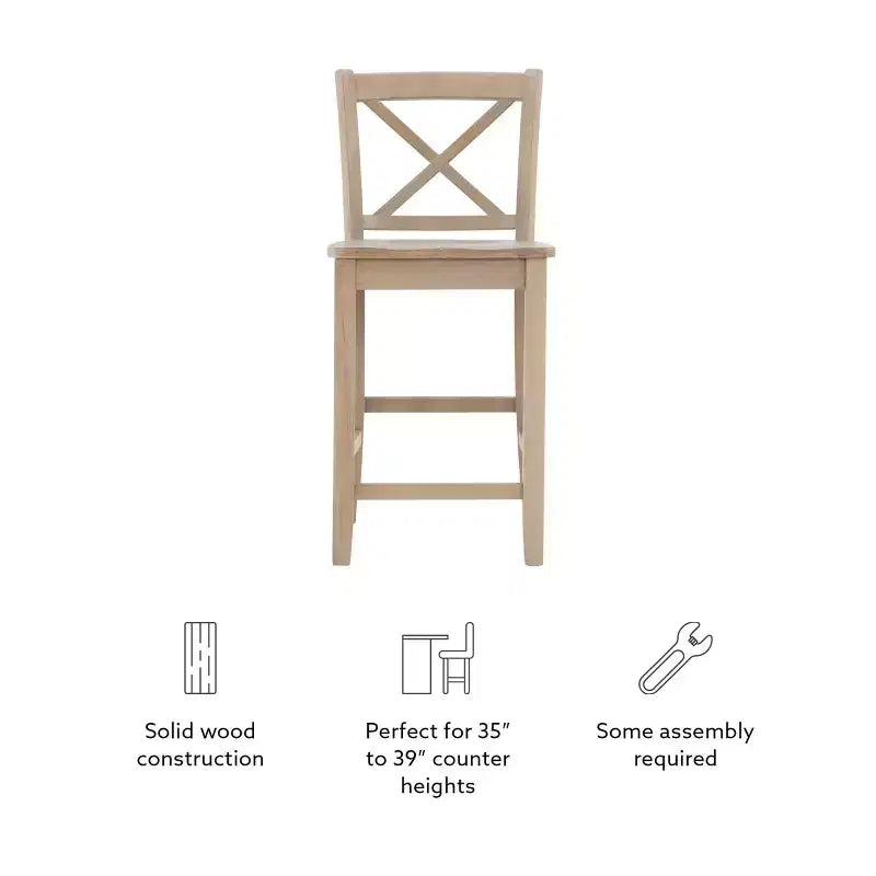 Tabouret de bar à hauteur de comptoir 24 po en bois massif traditionnel à dossier en X, finition délavée grise