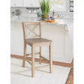 Tabouret de bar à hauteur de comptoir 24 po en bois massif traditionnel à dossier en X, finition délavée grise
