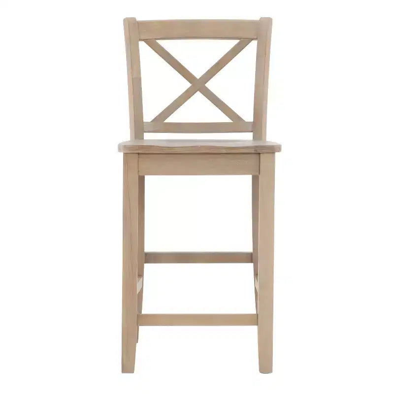 Tabouret de bar à hauteur de comptoir 24 po en bois massif traditionnel à dossier en X, finition délavée grise