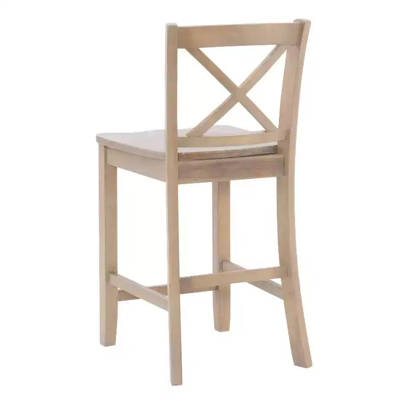 Tabouret de bar à hauteur de comptoir 24 po en bois massif traditionnel à dossier en X, finition délavée grise
