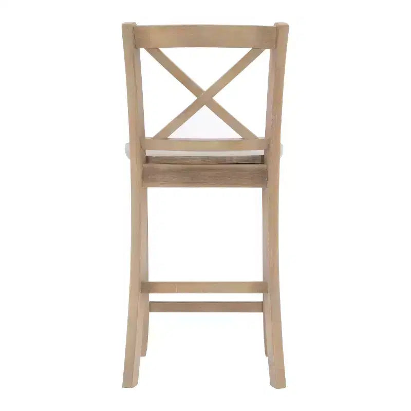 Tabouret de bar à hauteur de comptoir 24 po en bois massif traditionnel à dossier en X, finition délavée grise