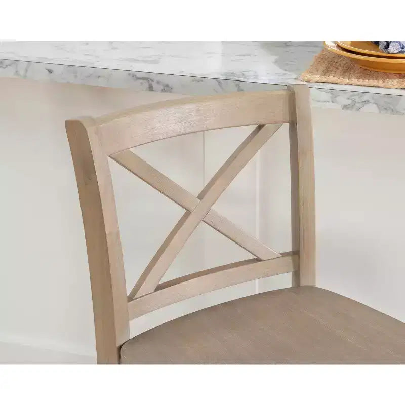 Tabouret de bar à hauteur de comptoir 24 po en bois massif traditionnel à dossier en X, finition délavée grise