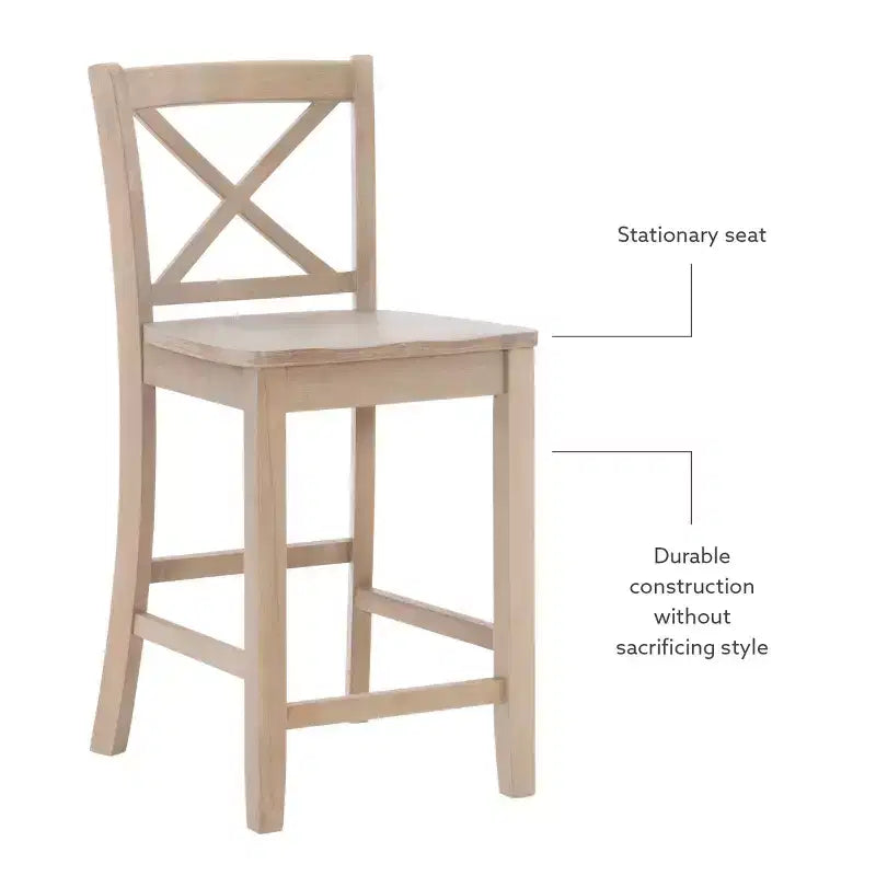 Tabouret de bar à hauteur de comptoir 24 po en bois massif traditionnel à dossier en X, finition délavée grise