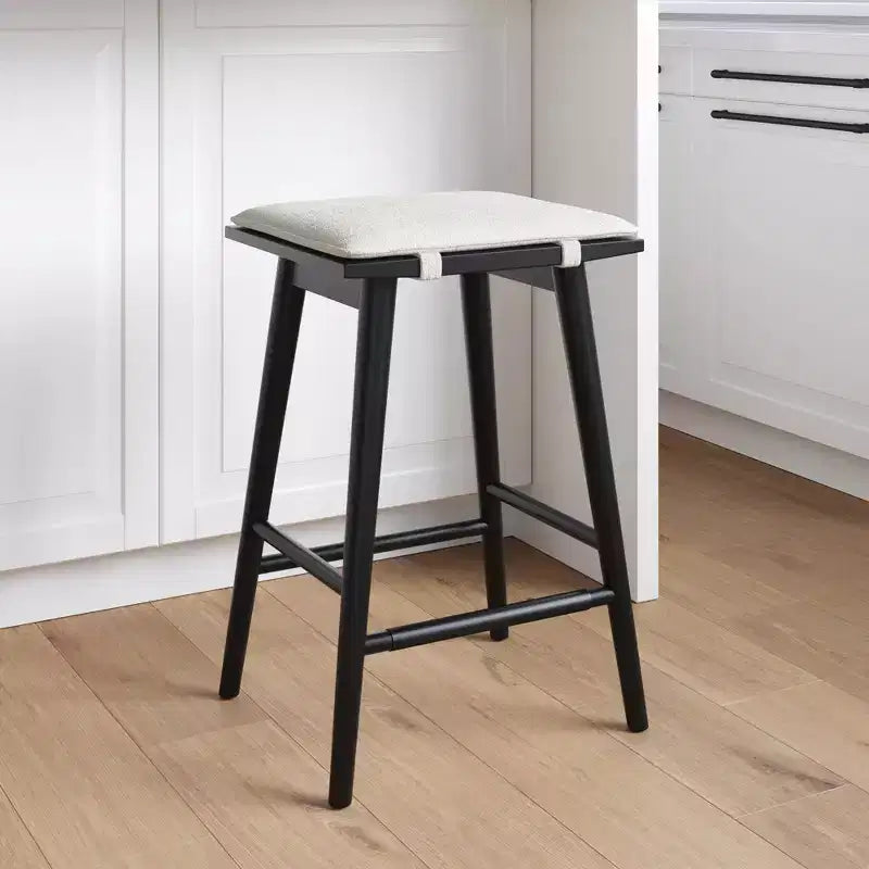 Tabouret de bar à hauteur de comptoir en bois et bouclette noir : Revêtement en lin, 63 cm de haut