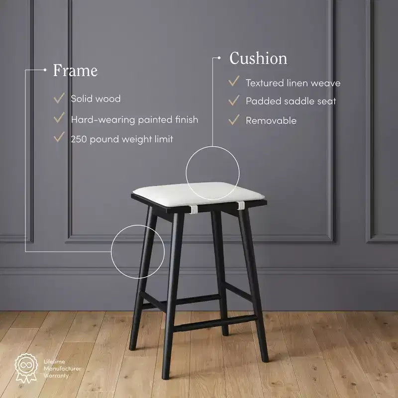 Tabouret de bar à hauteur de comptoir en bois et bouclette noir : Revêtement en lin, 63 cm de haut
