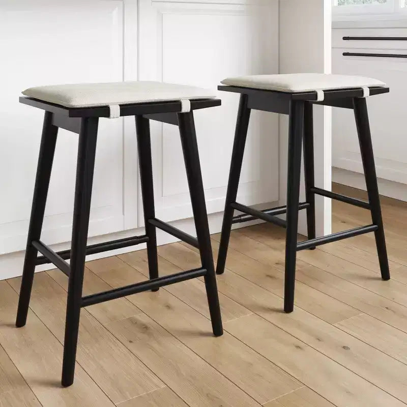 Tabouret de bar à hauteur de comptoir en bois et bouclette noir : Revêtement en lin, 63 cm de haut