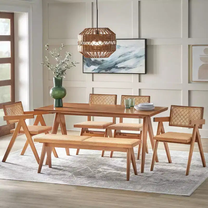 Banc de salle à manger moderne en rotin et bois massif, noyer clair