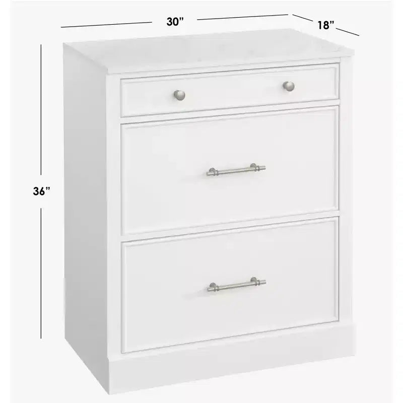 Meuble bas modulaire avec plateau aspect marbre 3 tiroirs Blanc : Buffet de style campagnard, cadre en MDF