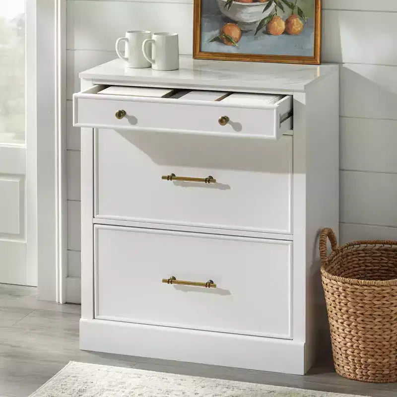 Meuble bas modulaire avec plateau aspect marbre 3 tiroirs Blanc : Buffet de style campagnard, cadre en MDF