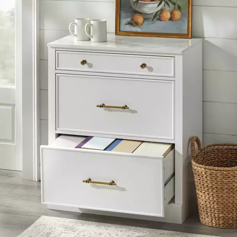 Meuble bas modulaire avec plateau aspect marbre 3 tiroirs Blanc : Buffet de style campagnard, cadre en MDF