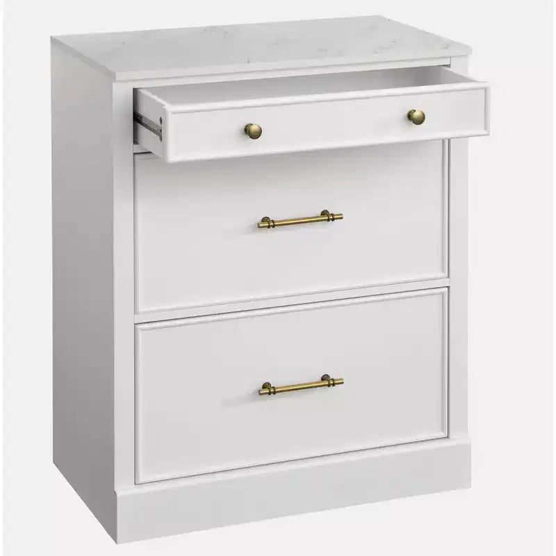 Meuble bas modulaire avec plateau aspect marbre 3 tiroirs Blanc : Buffet de style campagnard, cadre en MDF