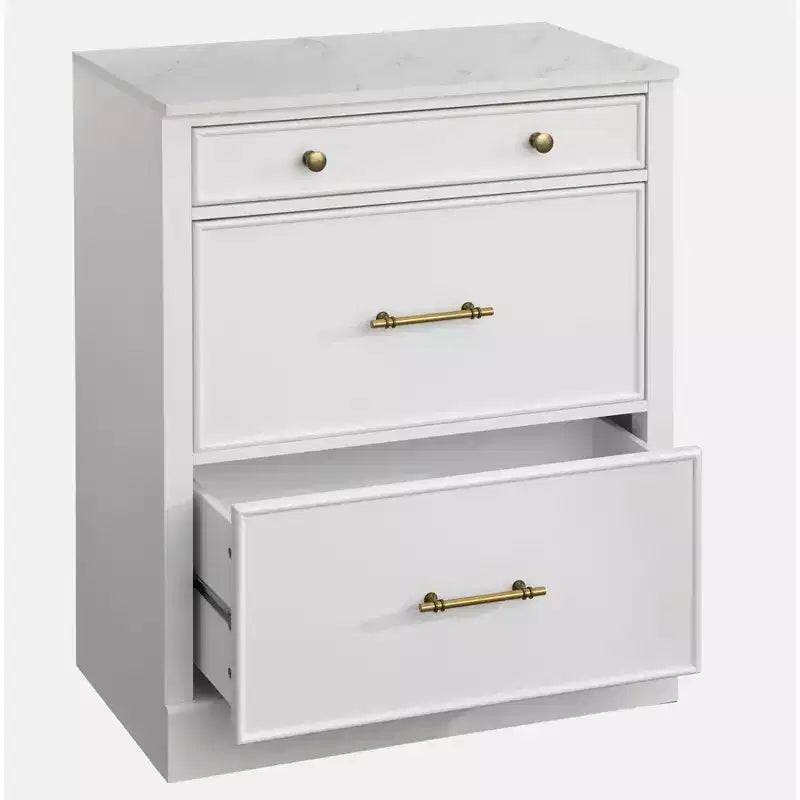 Meuble bas modulaire avec plateau aspect marbre 3 tiroirs Blanc : Buffet de style campagnard, cadre en MDF