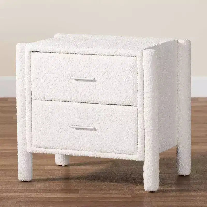 Table de chevet 2 tiroirs en tissu "Teddy Bear" blanc