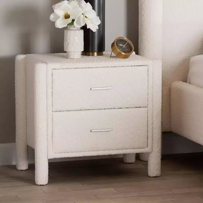 Table de chevet 2 tiroirs en tissu "Teddy Bear" blanc