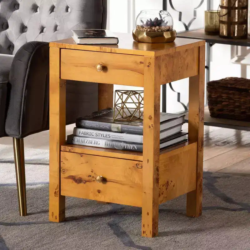 Table de chevet 2 tiroirs en bois ronce de Mappa claire