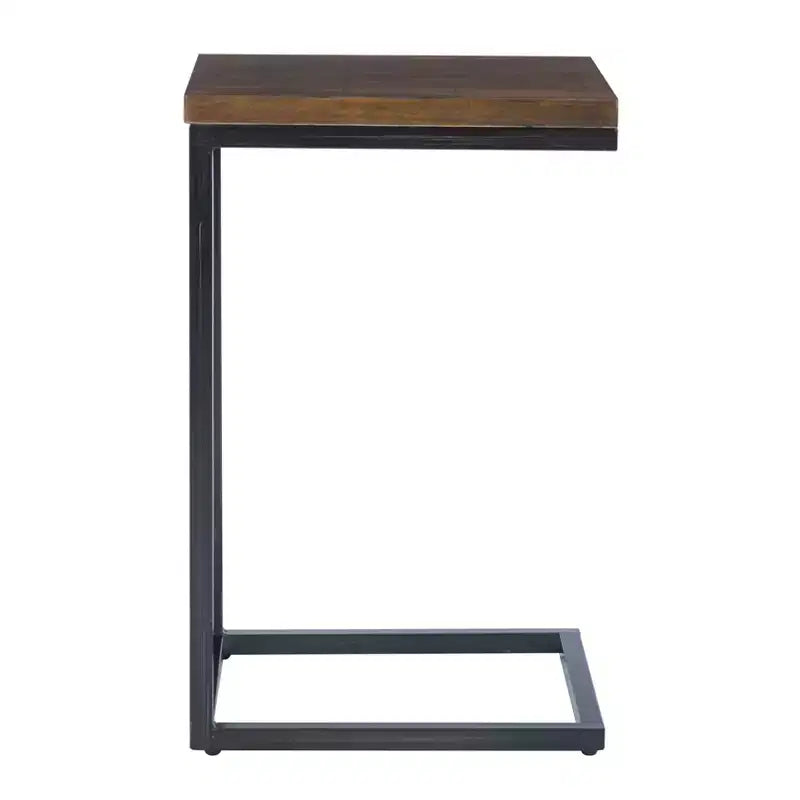 Table d'appoint de style traditionnel en noyer et cadre en métal noir vieilli à la main