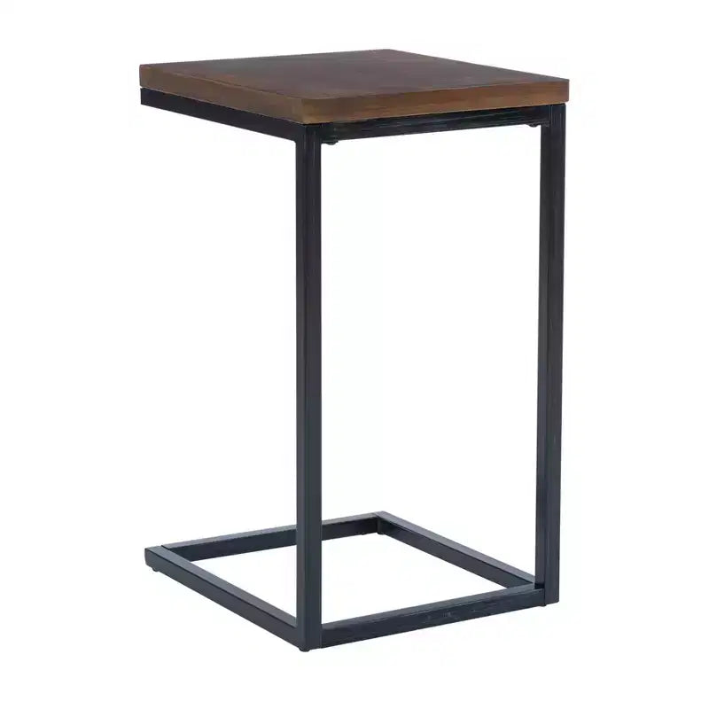 Table d'appoint de style traditionnel en noyer et cadre en métal noir vieilli à la main