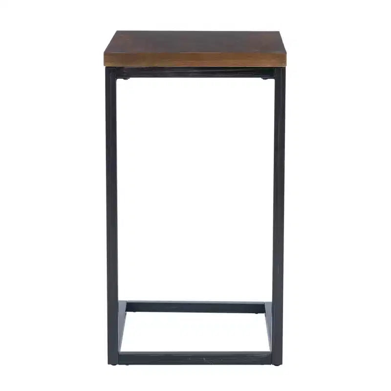 Table d'appoint de style traditionnel en noyer et cadre en métal noir vieilli à la main