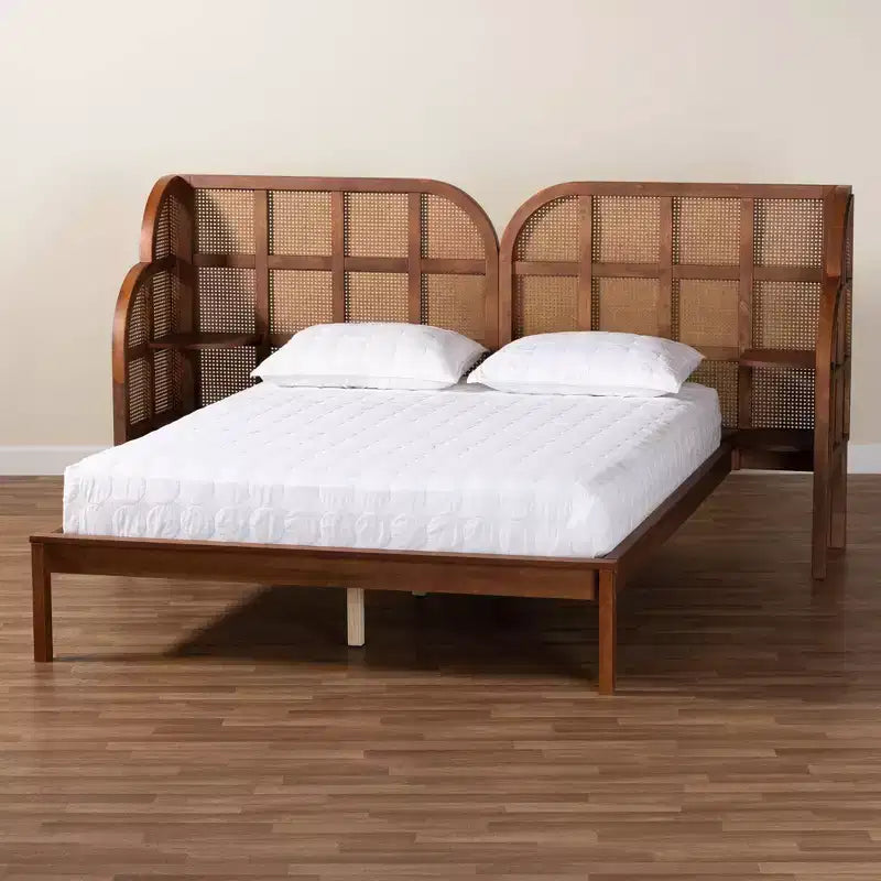 Lit plateforme King Size en bois avec tête de lit capitonnée Marron Noyer