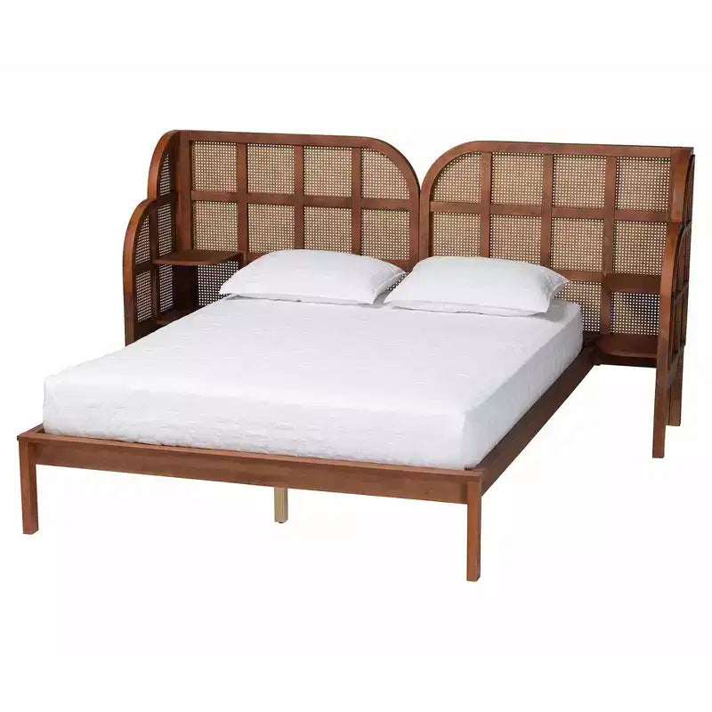 Lit plateforme King Size en bois avec tête de lit capitonnée Marron Noyer