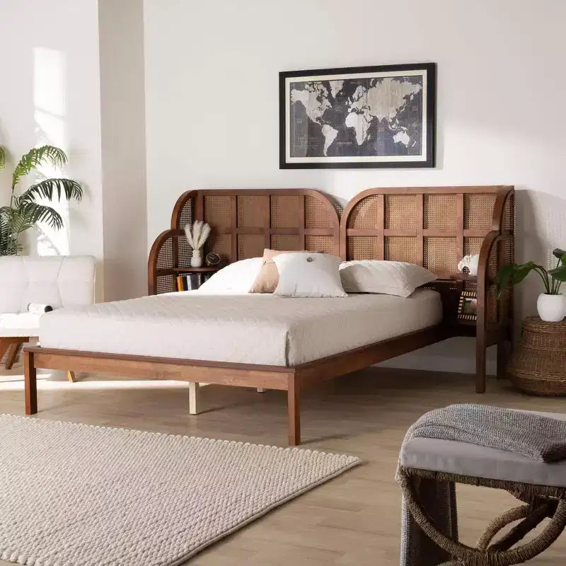 Lit plateforme King Size en bois avec tête de lit capitonnée Marron Noyer