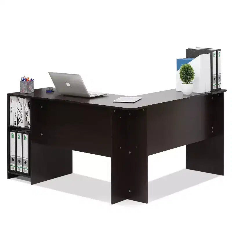 Bureau d'angle en L pour ordinateur avec étagères ouvertes, Expresso