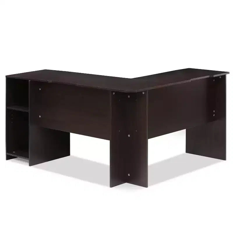 Bureau d'angle en L pour ordinateur avec étagères ouvertes, Expresso