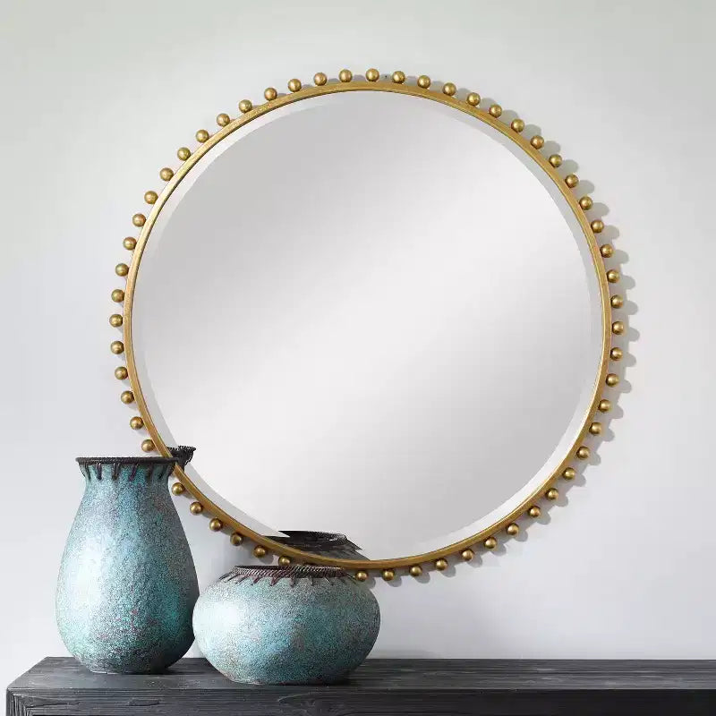Miroir Mural Décoratif Rond Coiffeuse Moderne Cadre en Fer Biseauté Feuille d'Or 32 Large