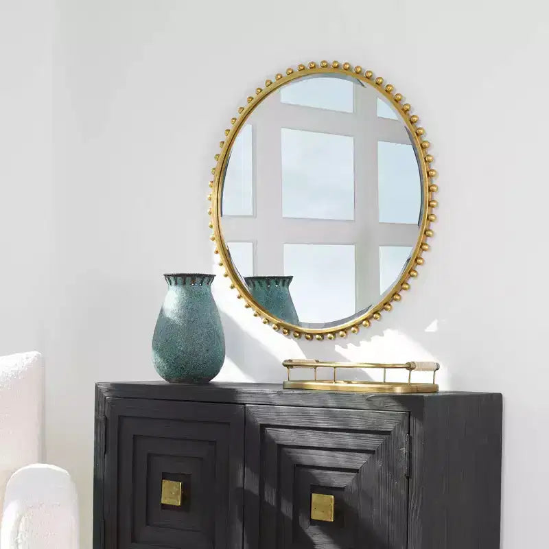 Miroir Mural Décoratif Rond Coiffeuse Moderne Cadre en Fer Biseauté Feuille d'Or 32 Large