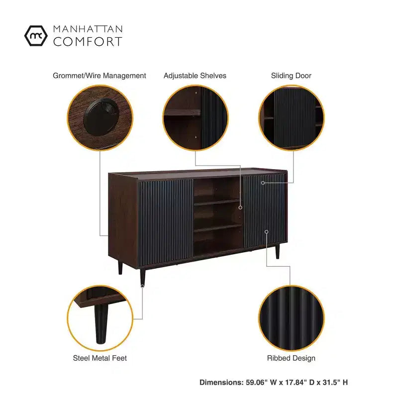 Bahut moderne à 7 étagères de 150 cm de large avec côtés striés