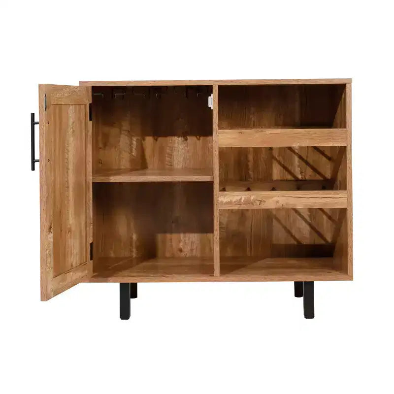 Bar classique et buffet avec armoire à porte simple de style Shaker, rangement suspendu pour verres et étagères ouvertes pour bouteilles
