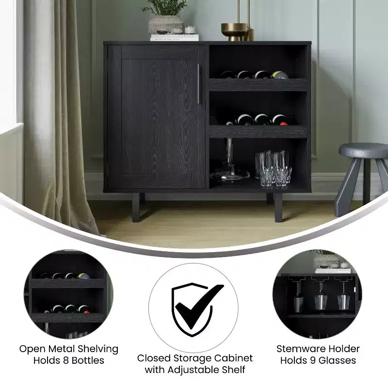 Bar classique et buffet avec armoire à porte simple de style Shaker, rangement suspendu pour verres et étagères ouvertes pour bouteilles