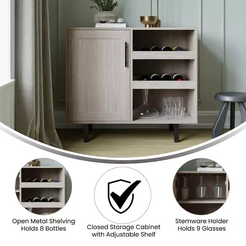 Bar classique et buffet avec armoire à porte simple de style Shaker, rangement suspendu pour verres et étagères ouvertes pour bouteilles