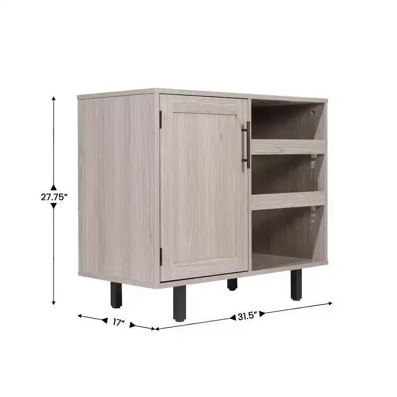 Bar classique et buffet avec armoire à porte simple de style Shaker, rangement suspendu pour verres et étagères ouvertes pour bouteilles