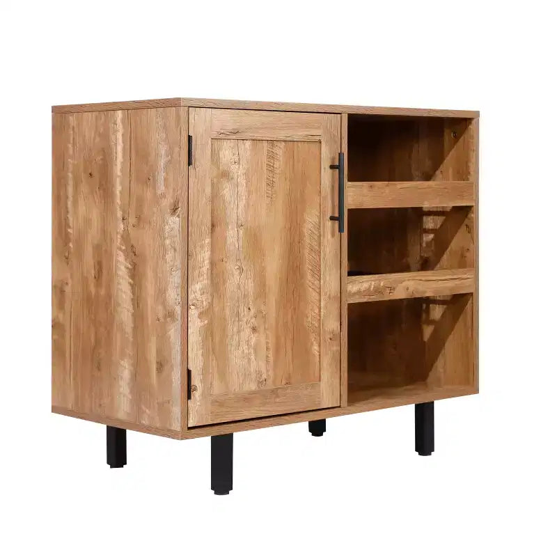 Bar classique et buffet avec armoire à porte simple de style Shaker, rangement suspendu pour verres et étagères ouvertes pour bouteilles