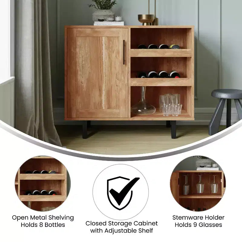 Bar classique et buffet avec armoire à porte simple de style Shaker, rangement suspendu pour verres et étagères ouvertes pour bouteilles