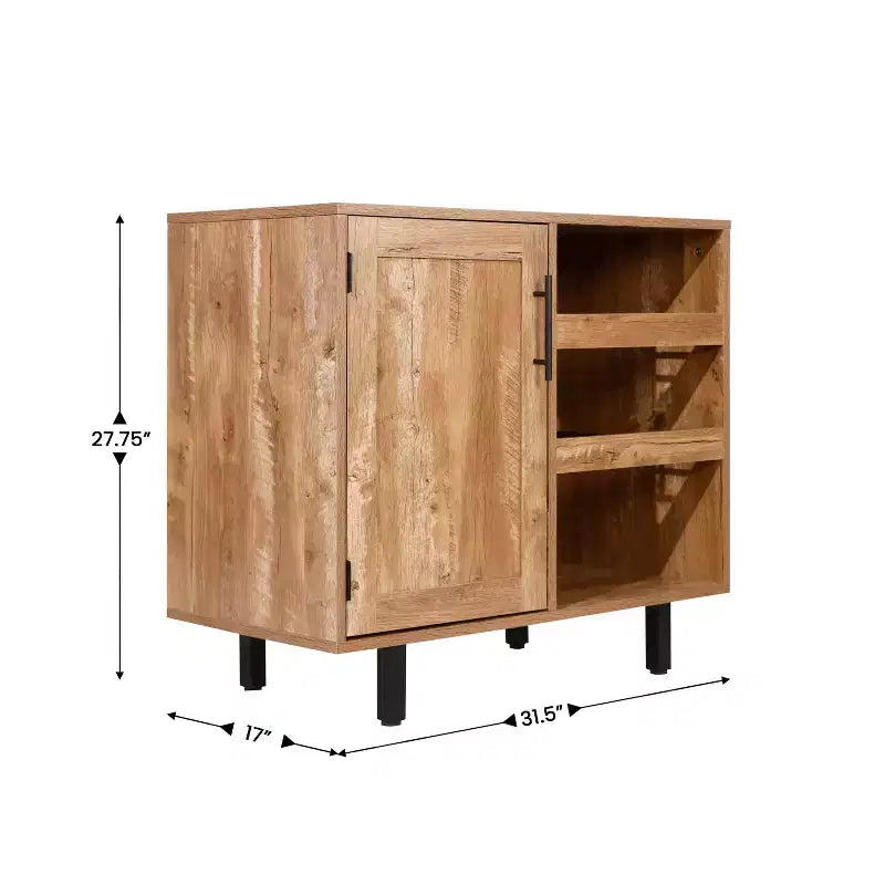 Bar classique et buffet avec armoire à porte simple de style Shaker, rangement suspendu pour verres et étagères ouvertes pour bouteilles